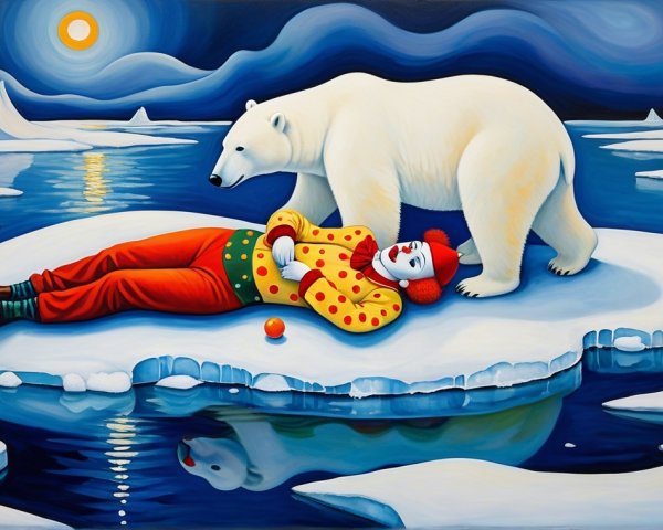Surreal Scene of Clown and Polar Bear on Ice Floe