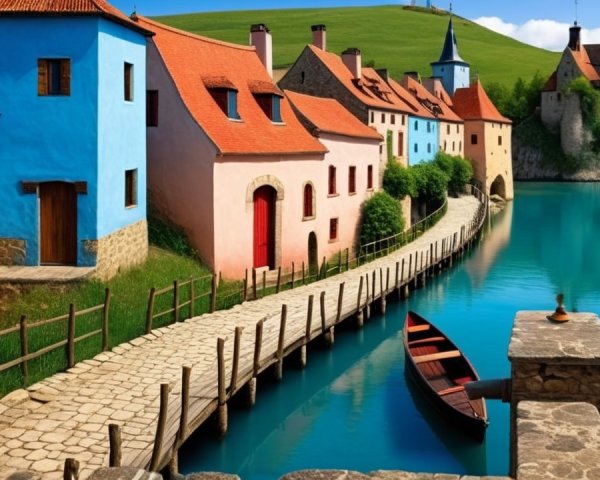 Colorful Houses by a Serene Waterfront Scene