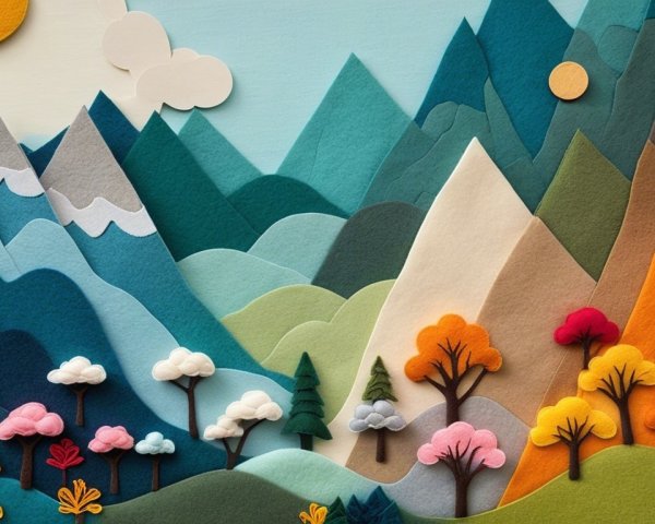 Colorful Felt Landscape with Layered Mountains and Trees