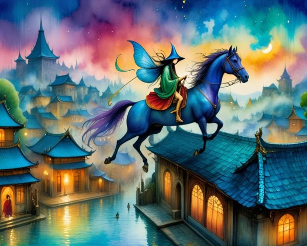 Fairy on Blue Horse Over Tranquil Village at Dusk
