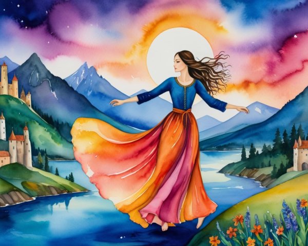 Serene Landscape with Rolling Hills and Vibrant Sunset