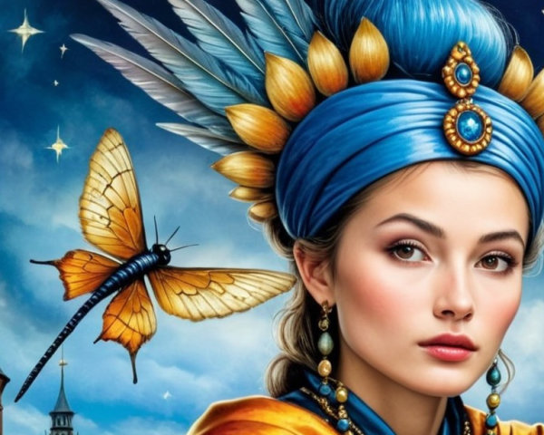 Young Woman in Blue and Gold Headdress with Butterfly