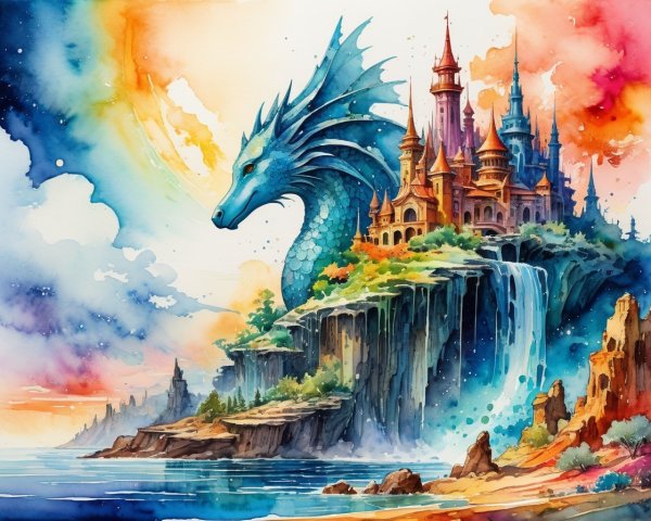 Majestic dragon overlooking a colorful castle scene