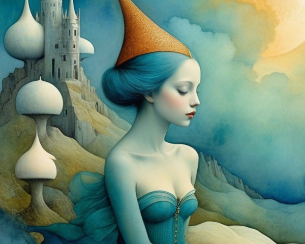 Serene figure with blue skin in a whimsical landscape