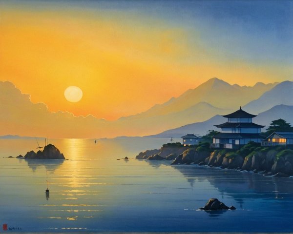 Tranquil Sunset Landscape with Pagoda and Sea