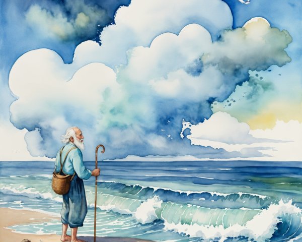 Elderly man on beach with cane and woven basket