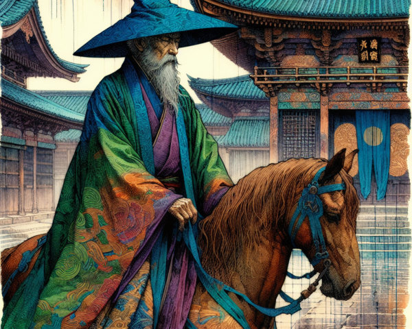 Ancient Serene Scene with Wise Figure on Horse