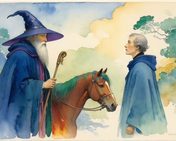 Wizard in Blue Robe with Horse and Cloaked Woman