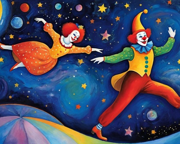 Clowns Dancing in a Colorful Celestial Night Sky