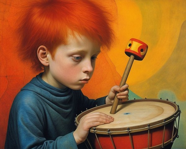 Young boy with red hair playing a small drum