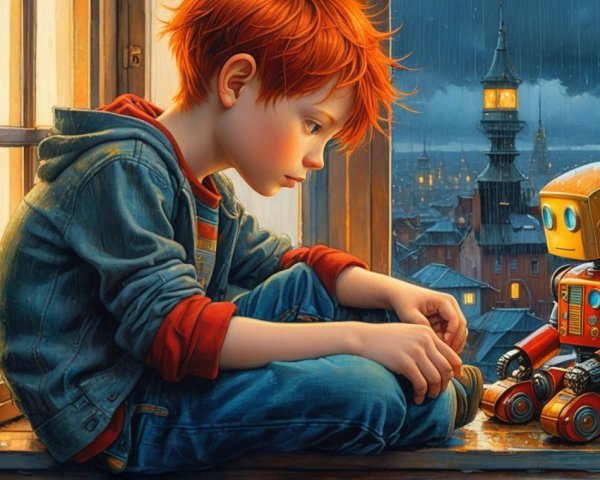 Young boy with red hair by window with robot toy