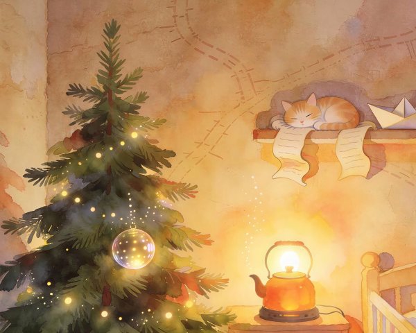 Cozy Indoor Christmas Scene with Watercolor Elements