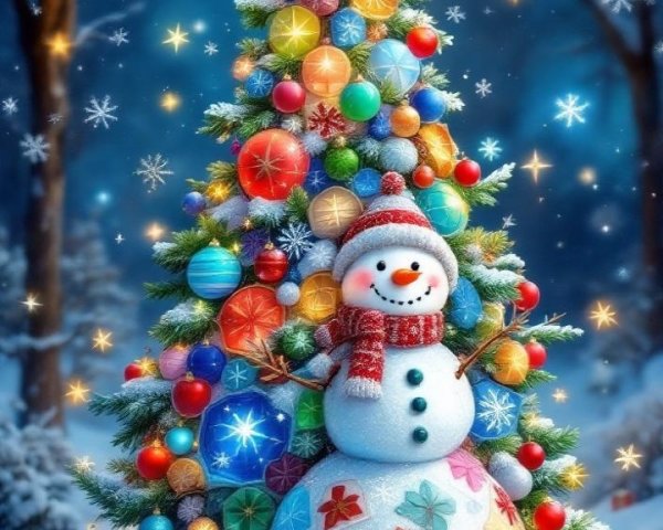Cheerful Snowman and Decorated Christmas Tree Scene
