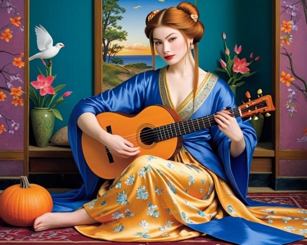 Serene Woman in Blue Kimono with Guitar and Dove