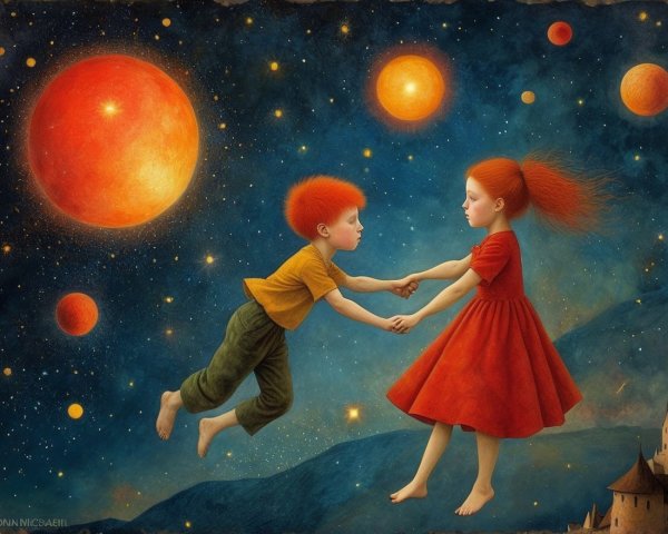 Children with red hair dancing in a starry sky
