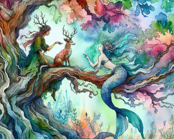 Mermaid and Deer in a Whimsical Fantasy Scene