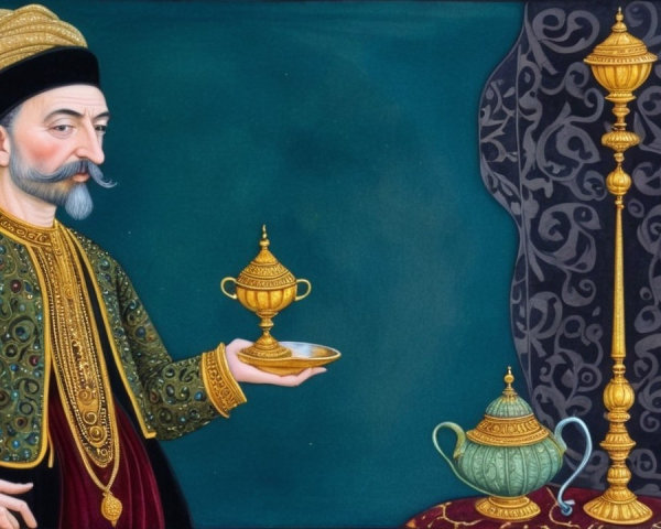 Regal Figure in Ornate Attire with Golden Cup and Plate