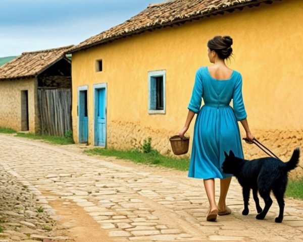 Woman in light blue dress walks village path with dog
