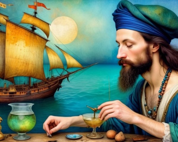 Contemplative Man in Period Attire with Sailing Ship