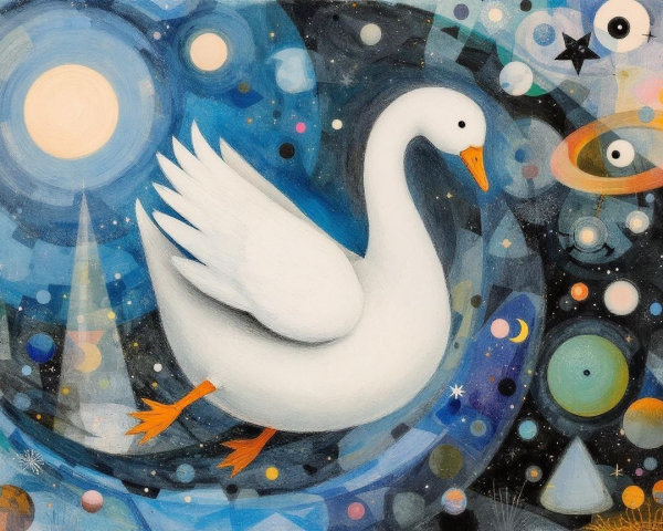 Whimsical Illustration of a Goose in Cosmic Landscape