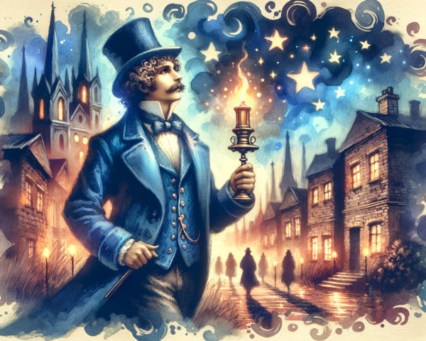 Vintage Night Scene with Man, Lantern, and Stars