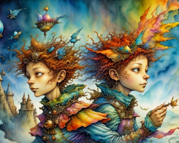 Ethereal Figures in a Colorful Dreamlike Landscape