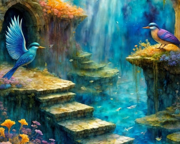 Colorful Fantasy Scene with Birds and Waterfalls