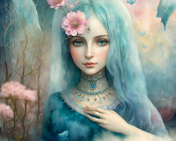 Ethereal figure with blue hair in a pastel setting