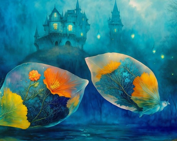 Whimsical Scene with Ethereal Leaves and Castle