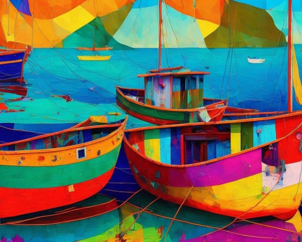 Colorful Boats Moored in Sparkling Blue Water