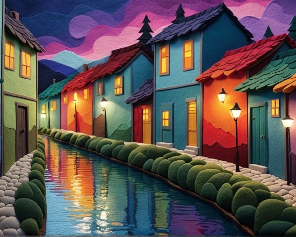 Miniature Colorful Houses by a Serene Canal at Sunset