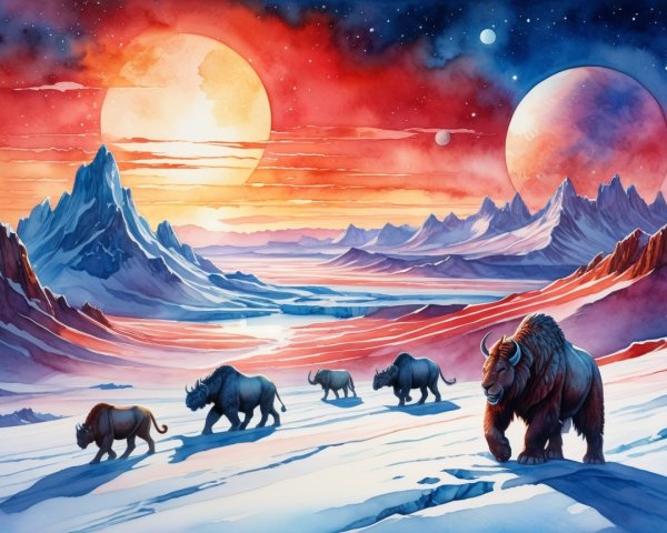 Alien Landscape with Two Planets and Unique Animals