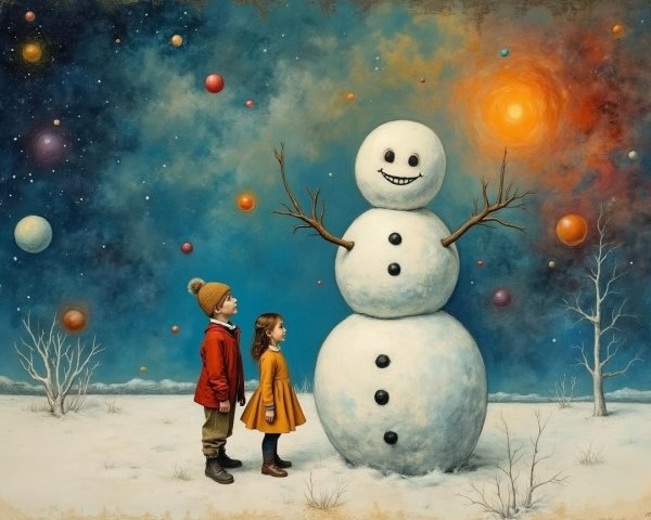 Whimsical Winter Scene with Snowman and Children