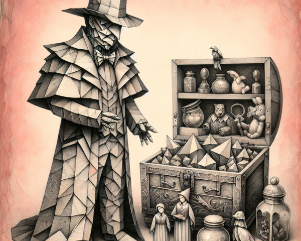 Mysterious Figure with Treasure Chest and Whimsical Objects