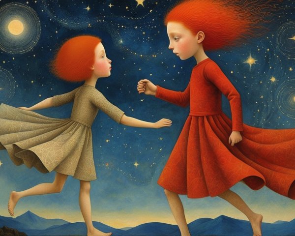 Young girls with red hair playing under starry sky