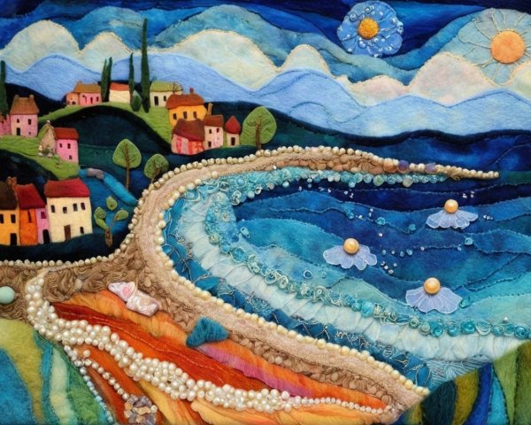 Vibrant Textile Artwork of River and Colorful Villages