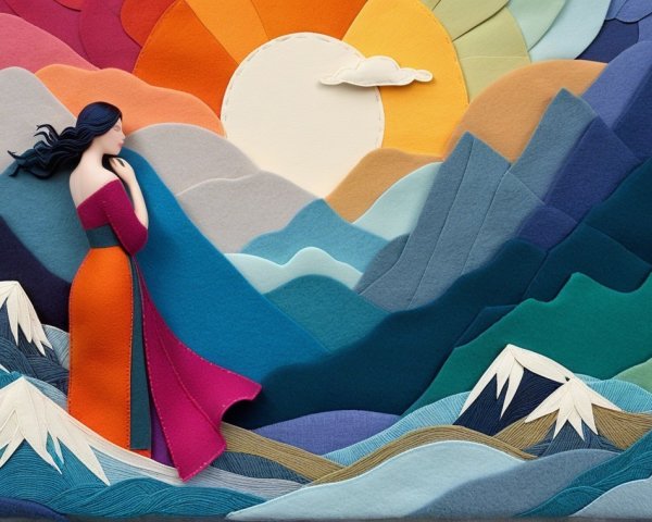 Vibrant Felt Landscape with Colorful Dress and Mountains
