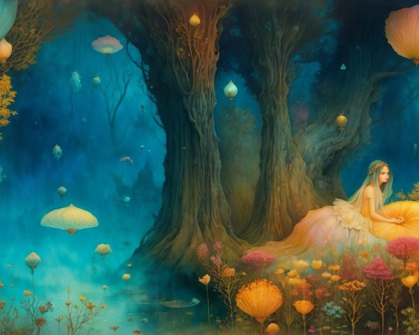 Mystical Woodland Scene with Fairy and Vibrant Flowers