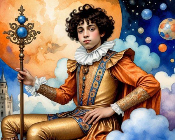 Regal Figure in Cosmic Setting with Vibrant Planets