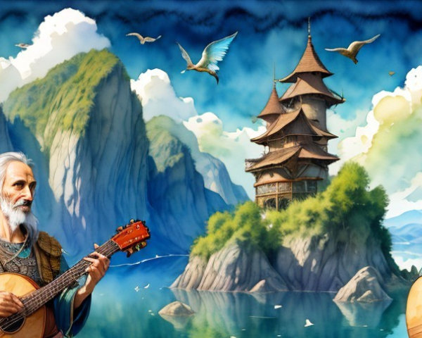 Musicians Playing Guitars by a Serene Lake Scene