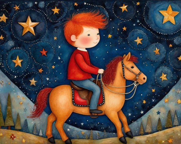 Whimsical Illustration of Boy Riding Pony at Night