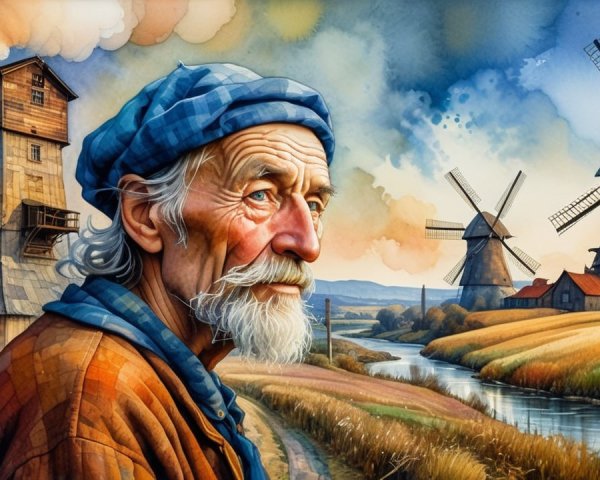 Elderly Man in Countryside with Windmills and River