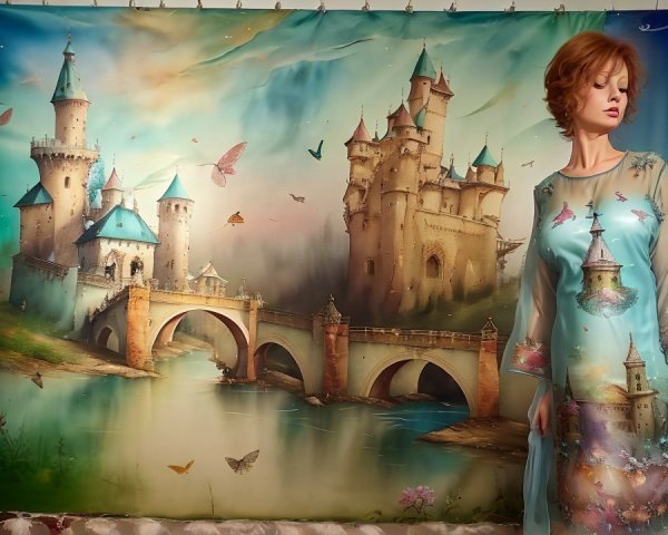 Model Posed by Enchanting Castle and Lush Landscape