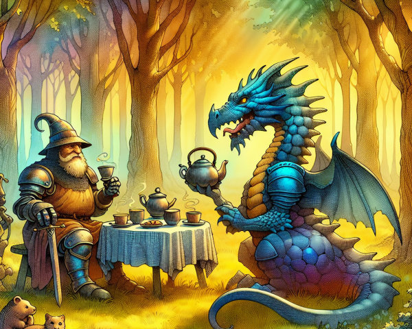 Whimsical forest scene with wizard, dragon, and bears