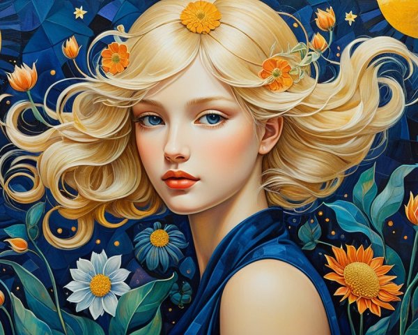 Young Woman with Blonde Hair in Celestial Setting