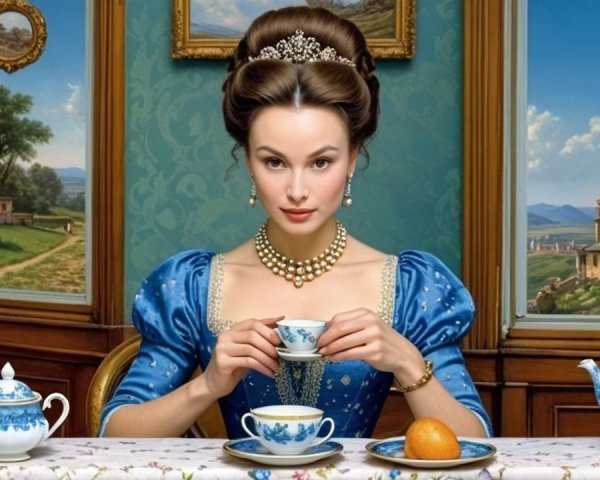 Regal Woman in Blue Gown at Lavish Table Setting