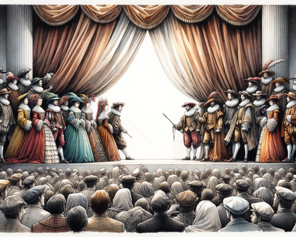 Elegant Historical Tableau on Theater Stage
