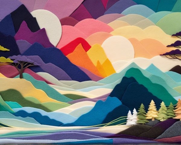Vibrant Felt Landscape with Layered Mountains and Sun