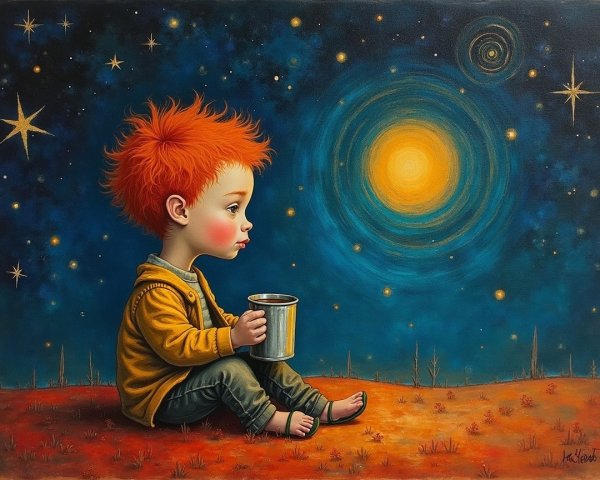 Child with orange hair gazing at starry night sky