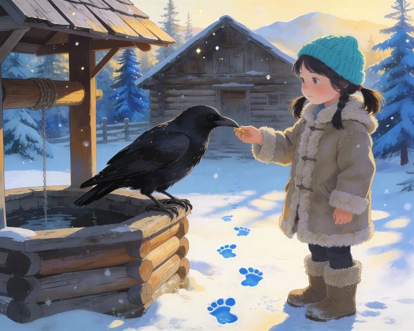 Young girl feeding raven near snowy wooden well
